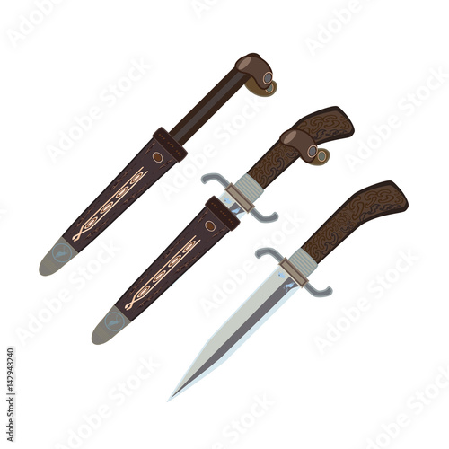 Vector illustration of deer handle hunting knife and leather sheath, flat style design.