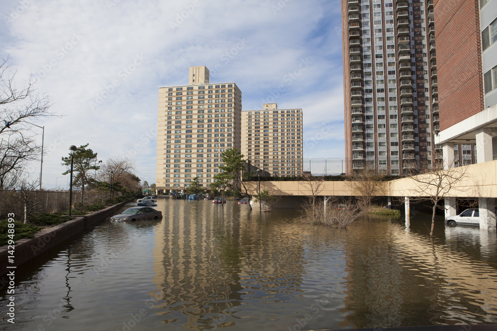 NEW YORK - November 1: Flooding in the parking lot  in Far Rockaway after hurricane Sandy  October 29, 2012 in New York City, NY