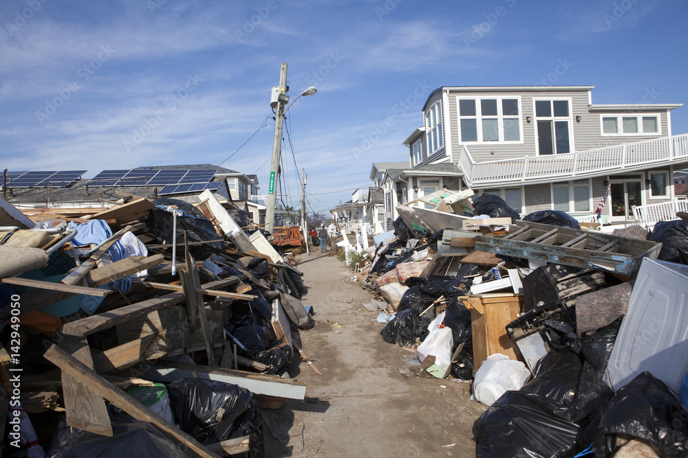 NEW YORK -November12:Destroyed homes during Hurricane Sandy in the flooded neighborhood at Breezy Point in Far Rockaway area on October 29, 2012 in New York City, NY