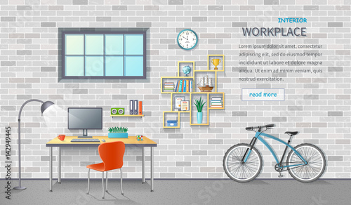 Stylish and modern office workplace. Room interior with desk, chair, monitor, shelves, office supplies, bicycle.  Brick background. Detailed vector illustration for a horizontal web banner.