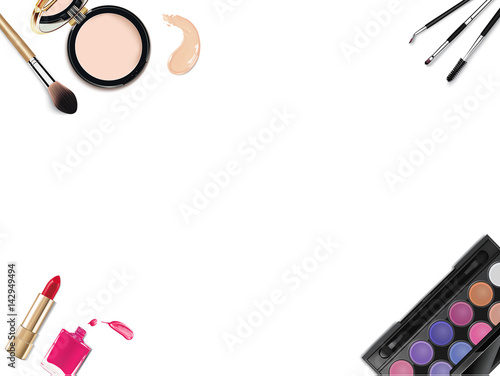 Top view of various make up accessories decorative cosmetics products. Workplace, cosmetics, lipstick, nail polish, mascara, face powder and eyeshadow on white background.