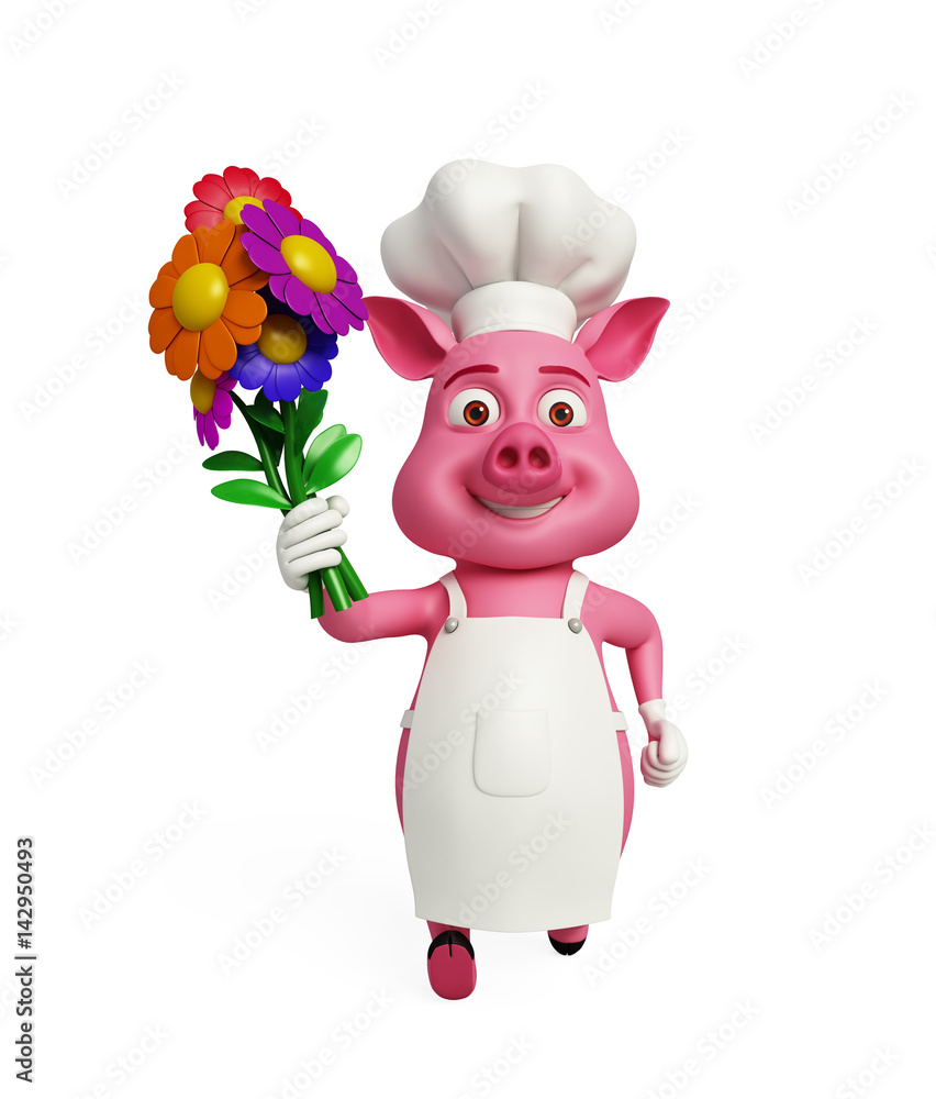 3d Chef Pig with flowers. 3d Chef Pig with flowers.