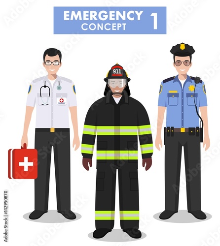 Emergency concept. Detailed illustration of firefighter, doctor and policeman in flat style on white background. Vector illustration.