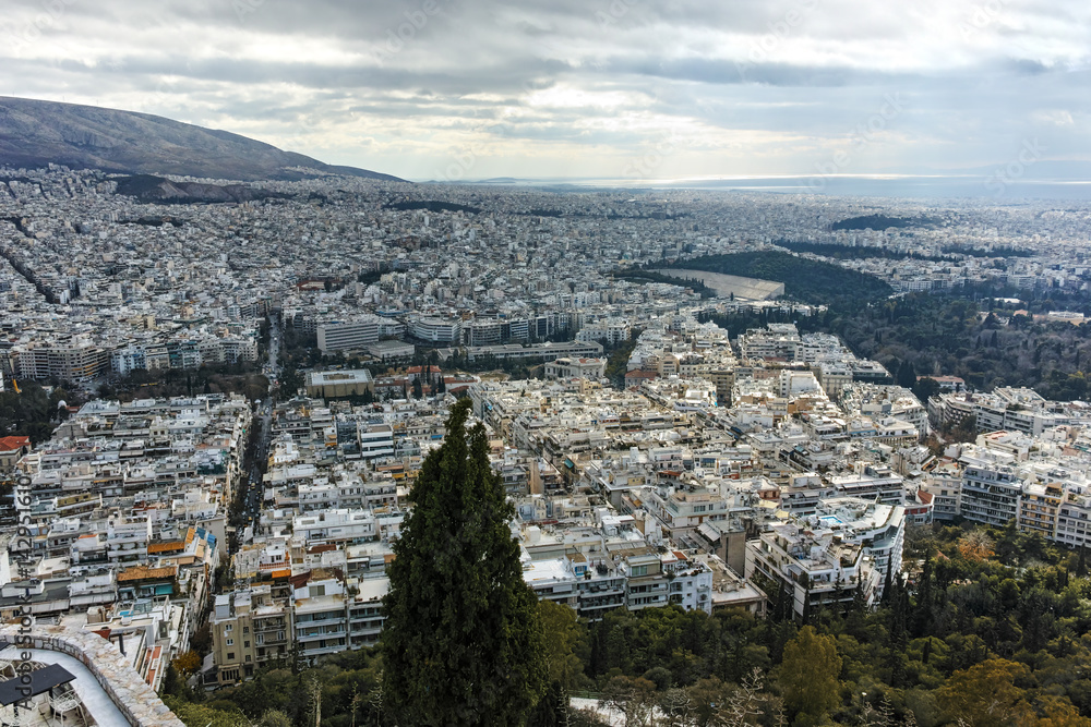 Amazing panorama of the city of Athens from Lycabettus hill, Attica, Greece