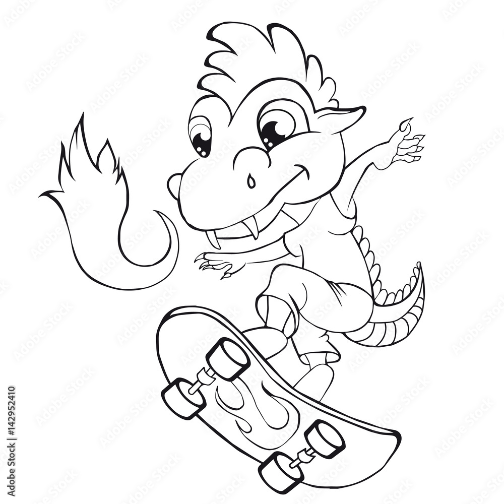 Coloring book  dragon skater. Cartoon style. Clip art for children.