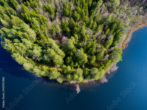 drone image. aerial view of rural area with forest lake