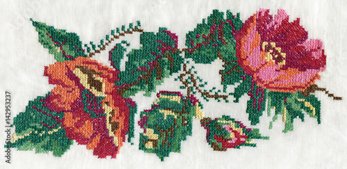 Fototapeta Naklejka Na Ścianę i Meble -  Cross stitch with pink peony bouquet