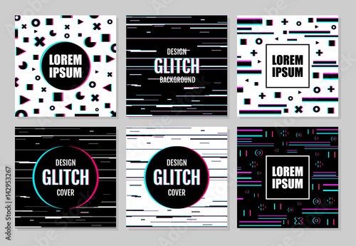 Big abstract set of effect glitch. Covers, placards, banners, posters, flyers. Vector illustration. Modern design.