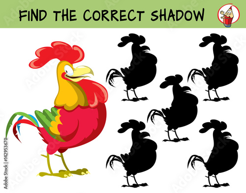 Happy red rooster. Find the correct shadow. Educational game for children. Cartoon vector illustration.