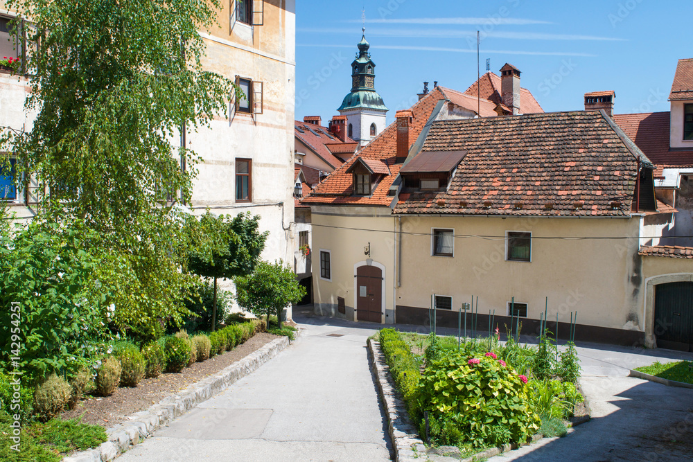 Pleasant square in the Old Town of Skofja Loka, Slovenia