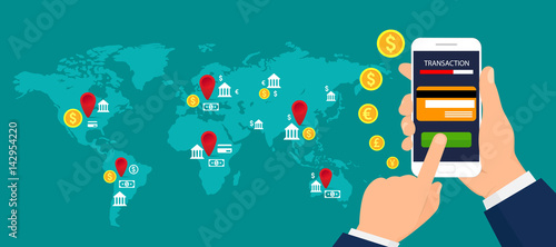 Сoncept of mobile banking. Mobile payments, mobile banking and transactions around the world. Vector illustration.