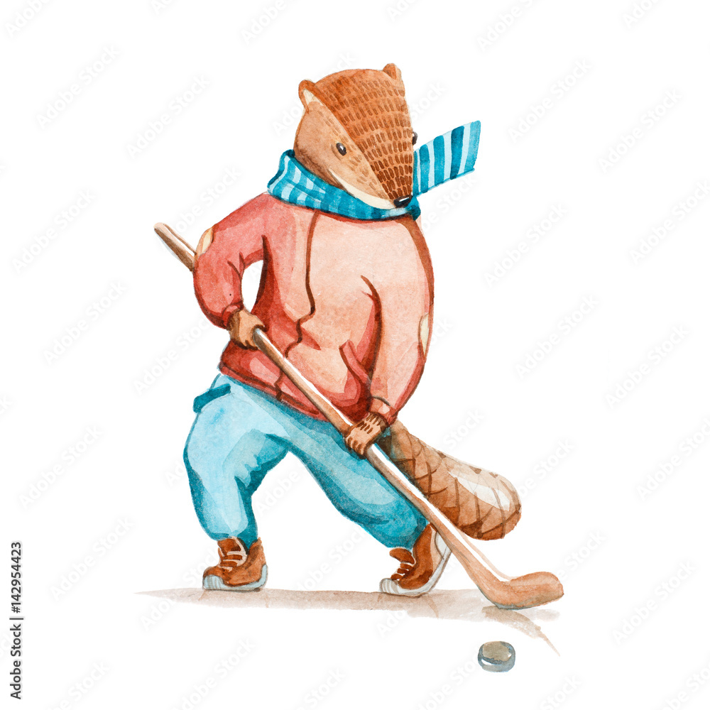 Watercolor illustration. Cute animal like humans. Humanized animal. Beaver  in hoody plays hockey. Winter sports games Stock Illustration | Adobe Stock