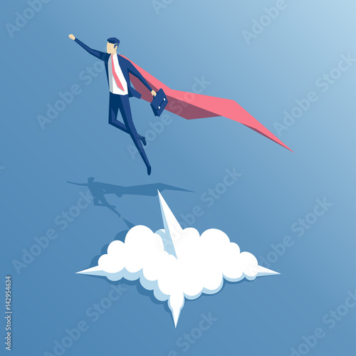 Isometric businessman superhero flies up and leaves a cloud of dust. Super worker in the red robe takes off. Business concept's power and uniqueness © ilyaf