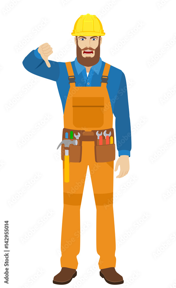 Worker showing thumb down gesture as rejection symbol Worker showing thumb down gesture as rejection symbol
