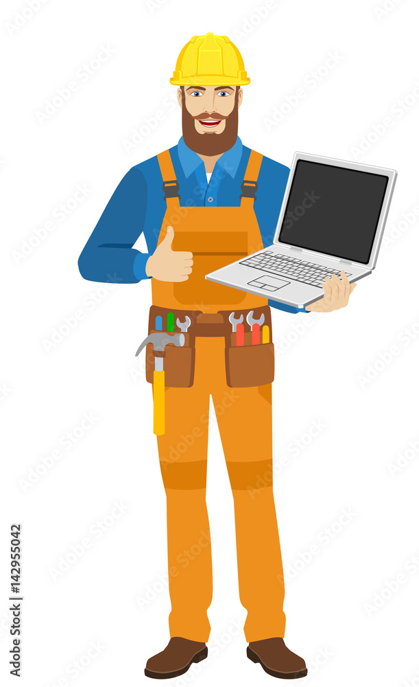 Worker with laptop notebook showing the thumb up Worker with laptop notebook showing the thumb up