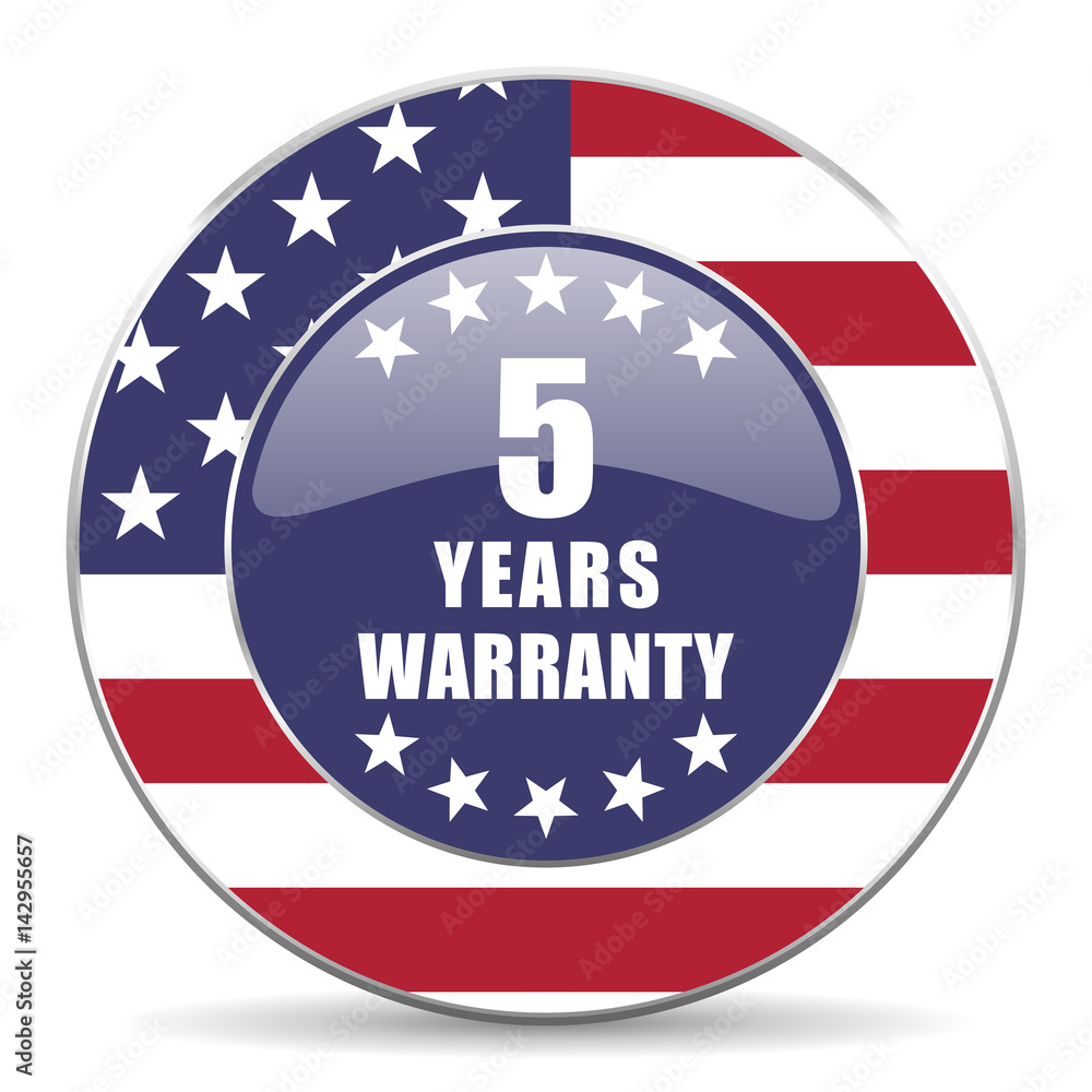 Warranty guarantee 5 year usa design web american round internet icon with shadow on white background. Warranty guarantee 5 year usa design web american round internet icon with shadow on white background.