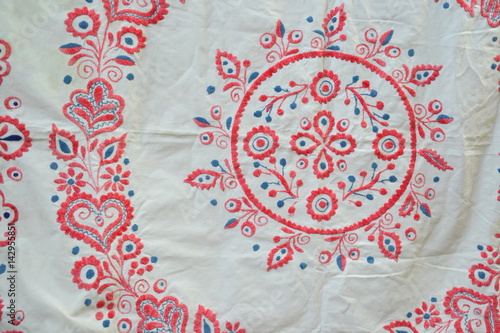 Detail of grandma's flower embroidered vintage tablecloth