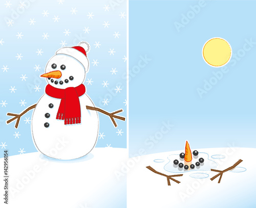 Happy Snowman wearing Red Hat and Scarf Melting in Sunshine