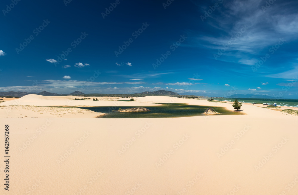 desert, blue sky and lake in Vietnam panorama