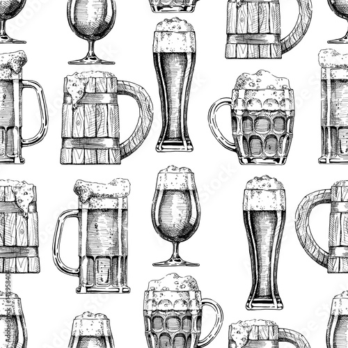 seamless pattern with different beer glasses and mugs