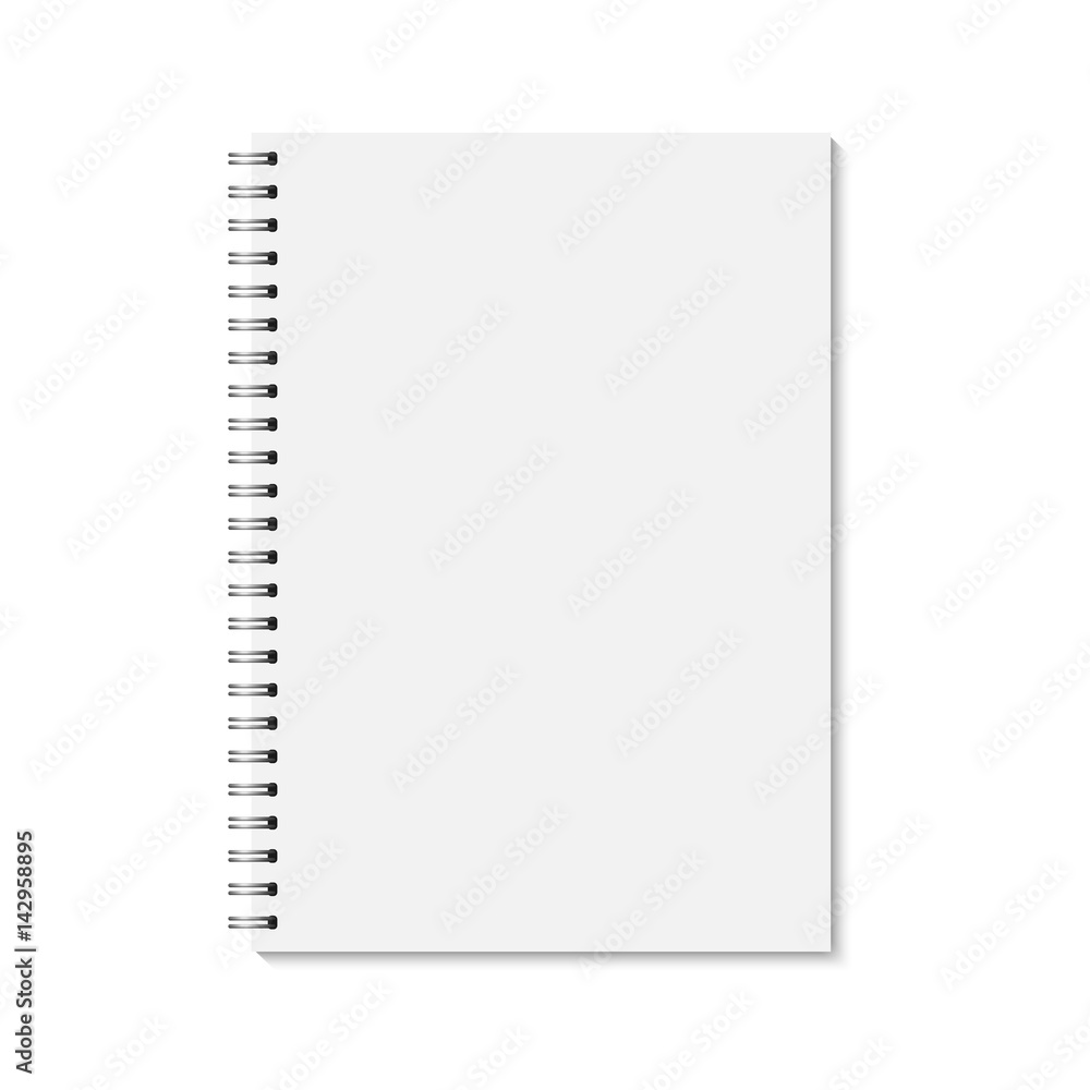 Vector realistic closed notebook. Vertical blank copybook with metallic silver spiral. Template (mock up) of organizer or diary isolated.