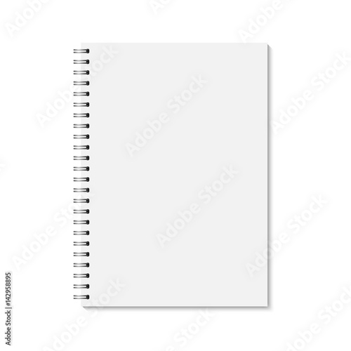 Vector realistic closed notebook. Vertical blank copybook with metallic silver spiral. Template (mock up) of organizer or diary isolated.