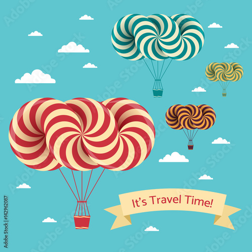Travel time illustration. Vector postcard with airship and clouds on blue sky