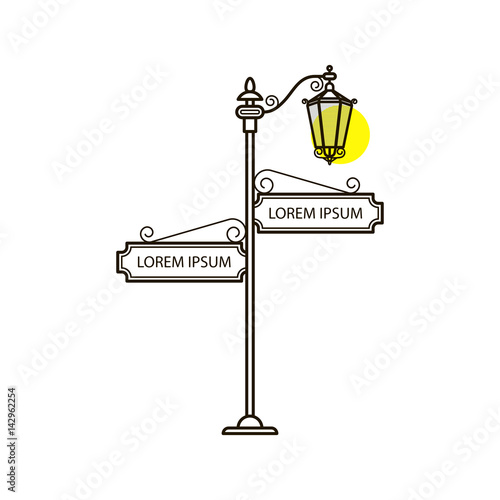 Vector streetlight in flat style with sign. Vintage outdoor light. Exterior illuminator with pointer. Street lamppost and banner blank advertisement. Trditional frame. Ancient architecture.