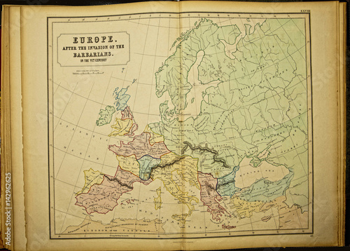 Europe. Ancient map of the world . Published by George Philip and son at London 1857 and are not subject to copyright.