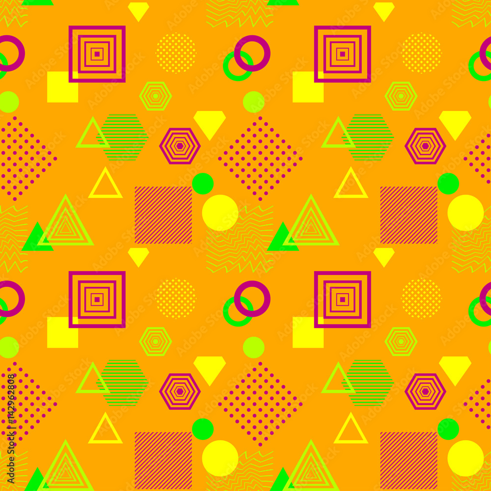 Abstract seamless pattern in postmodern Memphis Style orange green   lilac 