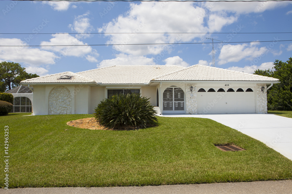 Luxury family house with landscaping on the front and blue sky on background