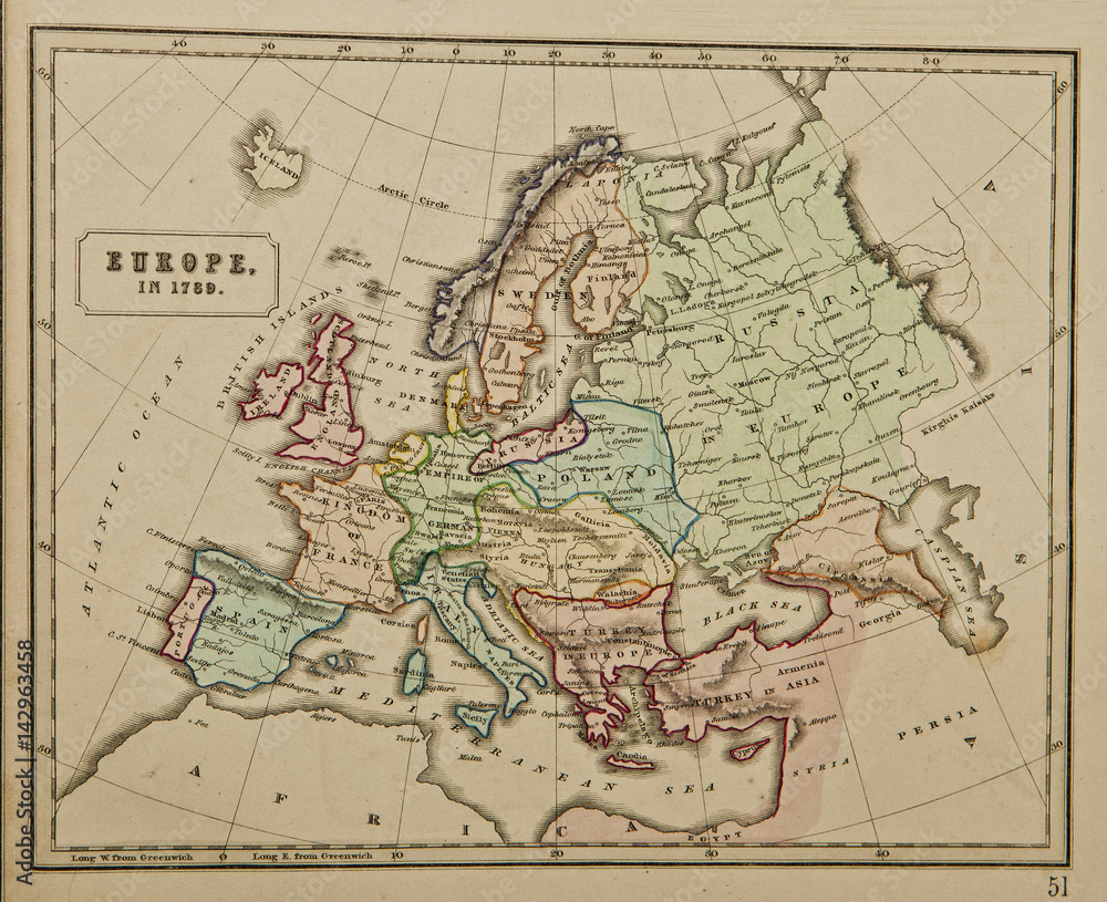 Europe in 1789. Ancient map of the world . Published by George Philip and son at London 1857 and  are not subject to copyright.