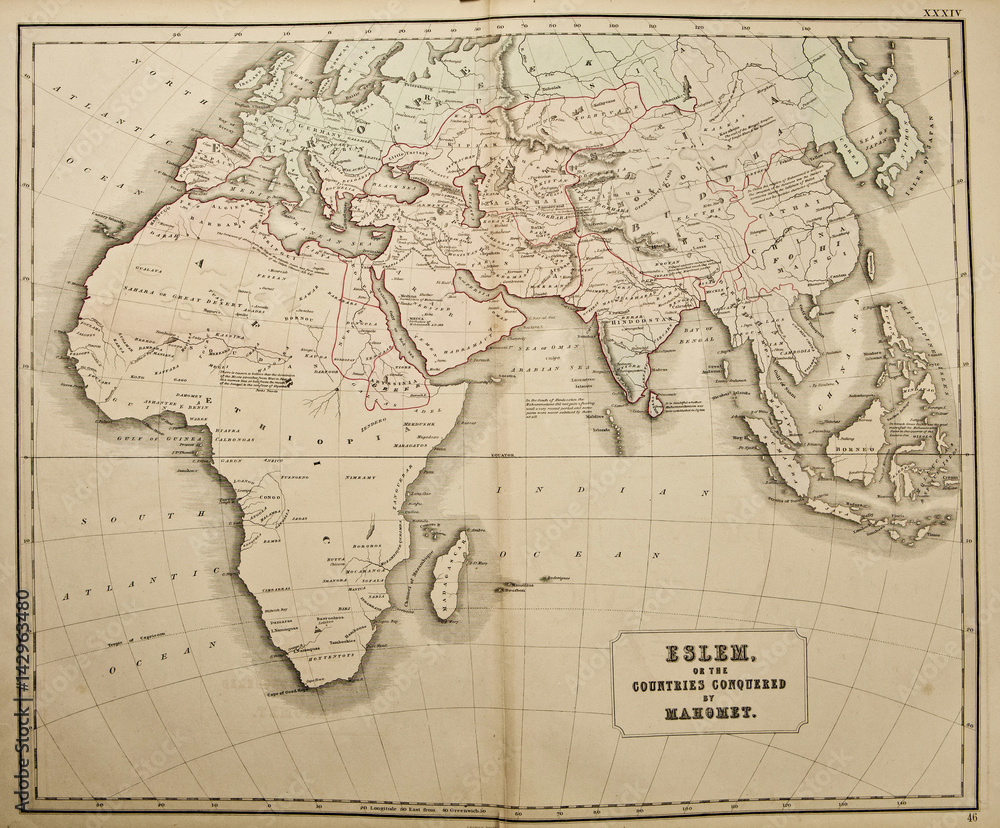 Eslem of the countres conquered by Mahomet. Ancient map of the world . Published by George Philip and son at London 1857 and are not subject to copyright. Eslem of the countres conquered by Mahomet. Ancient map of the world . Published by George Philip and son at London 1857 and are not subject to copyright.