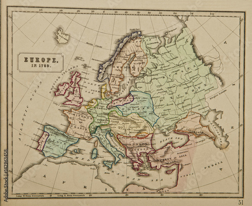 Europe in 1789. Ancient map of the world . Published by George Philip and son at London 1857 and are not subject to copyright.