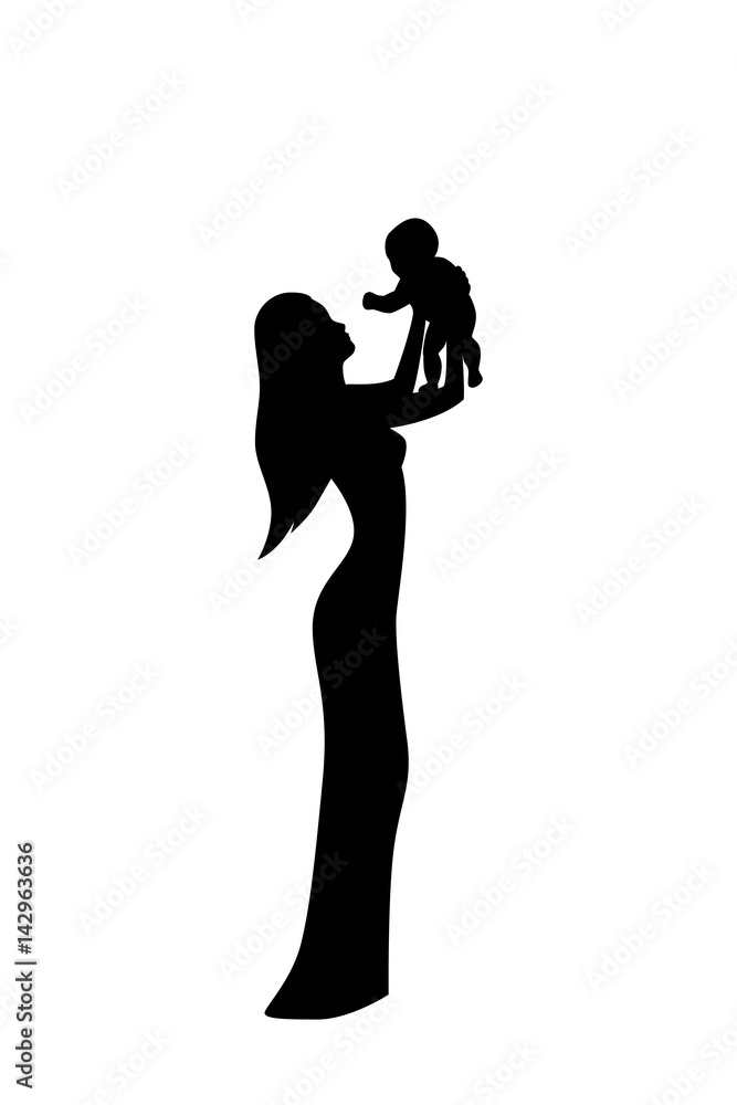 Vector illustration of people silhouette. Mother keep her child on her hands