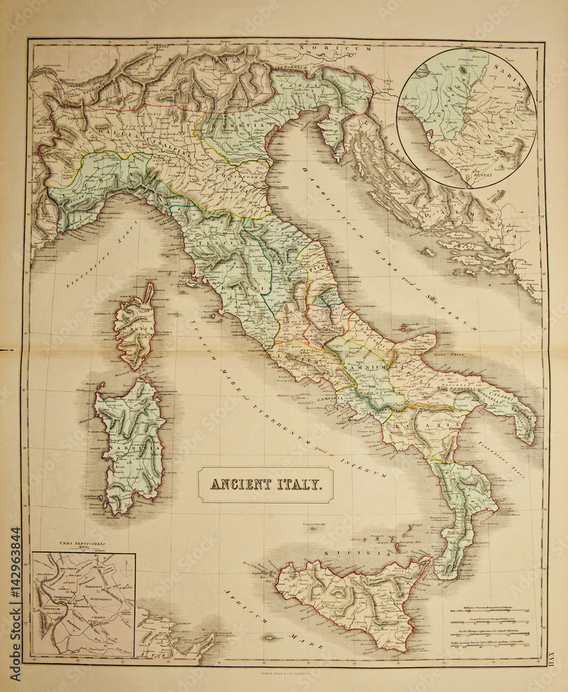 Italy. Ancient map of the world . Published by George Philip and son at London 1857 and are not subject to copyright.