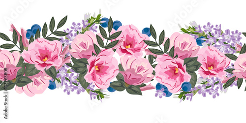 Seamless Floral Border With Cute Pink Flowers Hand Drawn Pattern On White Background Design Element For Cards Invitations Wedding Congratulations Stock Vector Adobe Stock