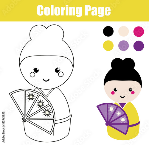 Coloring page with cute japanese kokeshi doll. Children educational game, drawing activity