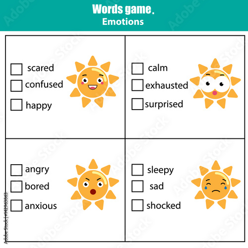 Words test educational game for children. Emotions theme