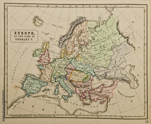 Europe. Ancient map of the world . Published by George Philip and son at London 1857 and  are not subject to copyright.