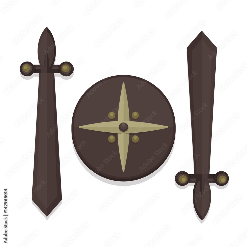 Wood shield and sword design icon in flat style. Vector modern illustration Wood shield and sword design icon in flat style. Vector modern illustration