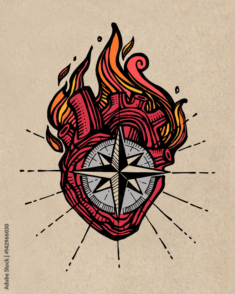 Human heart with compass and fire