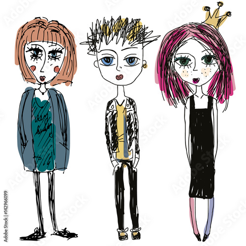 Teenagers group. Fashion young skinny girls and boy, sketch style. Doodle illustration of punks
