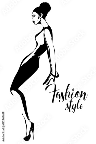 Black and white retro fashion model silhouette sketch style. Hand drawn vector illustration