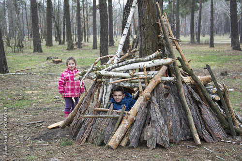 In the spring in a pine forest, a brother with a small sister built a hut of sticks. photo