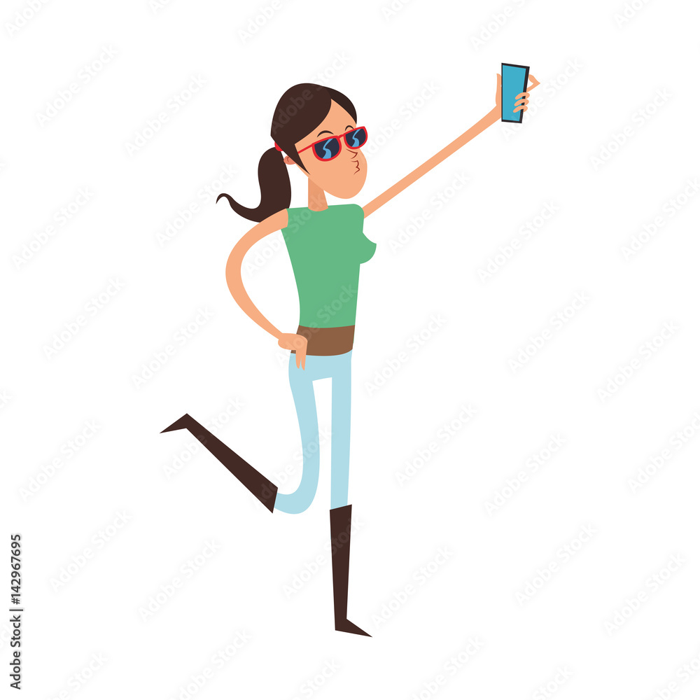 Fototapeta premium girl taking a selfie, cartoon icon over white background. colorful design. vector illustration