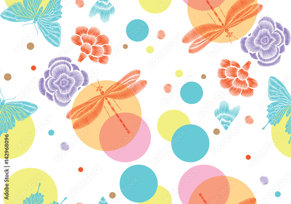 Modern abstract seamless pattern with natural elements. Butterflies, flowers and circles on a white background. Background for textile or book covers, manufacturing, wallpapers, print, gift wrap. 