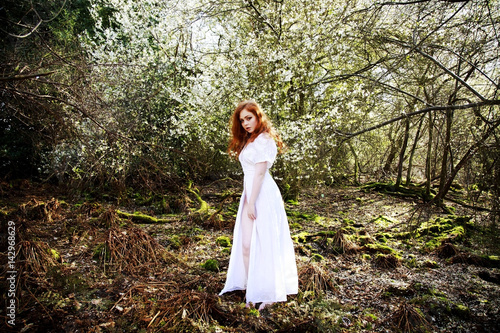 Beautiful young woman with cascading long red hair, wearing a long white dress, posing in a woodland full of white blossom