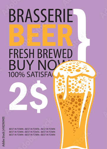 vector banner for brasserie with glass of beer and text on lilac background