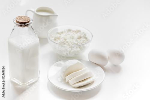 proteic breakfast concept with dairy products on table